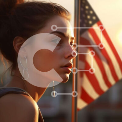 Intra Συλλεκτικό Ξύλινο Παζλ Plywood  4mm - Νεαρή γυναίκα που συλλογίζεται την αμερικανική σημαία Σε Ξύλινο Κουτί - Διαστάσεις Puzzle: 10x10 cm – 25 κομμάτια - Image 1