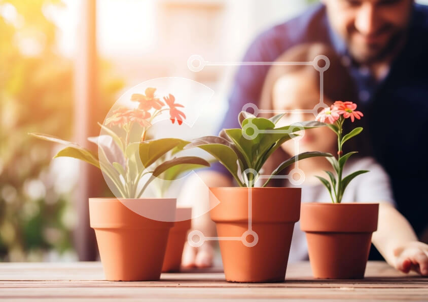 Intra Συλλεκτικό Ξύλινο Παζλ Plywood  4mm - Πατέρας και κόρη φροντίζουν τα φυτά Σε Ξύλινο Κουτί - Διαστάσεις Puzzle: 10x10 cm – 25 κομμάτια