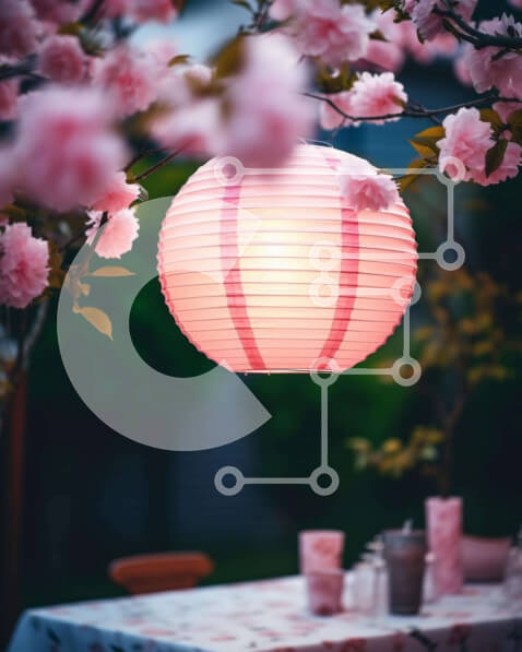 Intra Συλλεκτικό Ξύλινο Παζλ Plywood  4mm - Εξωτερική σκηνή φαγητού Pink Lantern and Blossoms Σε Ξύλινο Κουτί - Διαστάσεις Puzzle: 10x10 cm – 25 κομμάτια