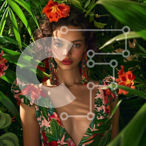 Intra Συλλεκτικό Ξύλινο Παζλ Plywood  4mm - Γυναίκα με εξωτικό φλοράλ φόρεμα με τροπικά φυτά και λουλούδια Σε Ξύλινο Κουτί - Διαστάσεις Puzzle: 10x10 cm – 25 κομμάτια - Image 1