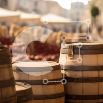 Intra Συλλεκτικό Ξύλινο Παζλ Plywood  4mm - Ξύλινα βαρέλια σε μια λαϊκή αγορά με κόσμο Σε Ξύλινο Κουτί - Διαστάσεις Puzzle: 10x10 cm – 25 κομμάτια - Image 1