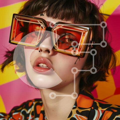 Intra Συλλεκτικό Ξύλινο Παζλ Plywood  4mm - Κομψή γυναίκα με πολύχρωμα γυαλιά ηλίου και πορτοκαλί πουκάμισο Σε Ξύλινο Κουτί - Διαστάσεις Puzzle: 10x10 cm – 25 κομμάτια - Image 1