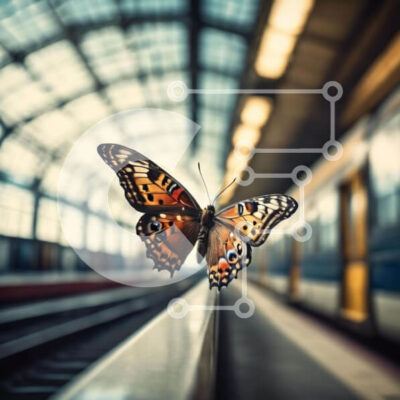 Intra Συλλεκτικό Ξύλινο Παζλ Plywood  4mm - Πεταλούδα σε εσωτερικό σιδηροδρομικό σταθμό με διερχόμενα τρένα Σε Ξύλινο Κουτί - Διαστάσεις: 10x10 cm – 25 κομμάτια - Image 1