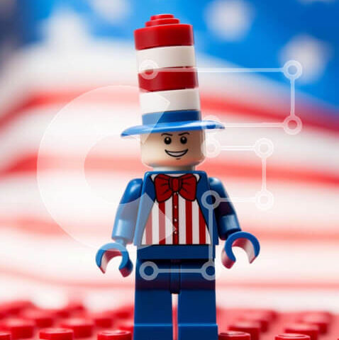 Intra Συλλεκτικό Ξύλινο Παζλ Plywood 4mm - Πατριωτική φιγούρα Lego σε μπλοκ αμερικανικών σημαιών Σε Ξύλινο Κουτί - Διαστάσεις Puzzle: 10x10 cm – 25 κομμάτια - Image 1