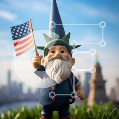 Intra Συλλεκτικό Ξύλινο Παζλ Plywood  4mm - Παιχνίδι Gnome που κρατά την αμερικανική σημαία στο αστικό τοπίο Σε Ξύλινο Κουτί - Διαστάσεις Puzzle: 10x10 cm – 25 κομμάτια - Image 1