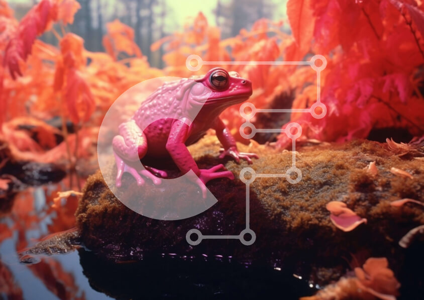 Intra Συλλεκτικό Ξύλινο Παζλ Plywood  4mm - Ροζ βάτραχος σε πορτοκαλί βράχο στο πράσινο φύλλωμα Σε Ξύλινο Κουτί - Διαστάσεις: 10x10 cm – 25 κομμάτια