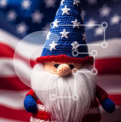 Intra Συλλεκτικό Ξύλινο Παζλ Plywood  4mm - Κροσέ gnome με αμερικανική σημαία Σε Ξύλινο Κουτί - Διαστάσεις Puzzle: 10x10 cm – 25 κομμάτια - Image 1