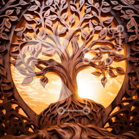 Intra Συλλεκτικό Ξύλινο Παζλ Plywood  4mm - Γλυπτό δέντρου της ζωής στο ηλιοβασίλεμα Σε Ξύλινο Κουτί - Διαστάσεις: 10x10 cm – 25 κομμάτια - Image 1