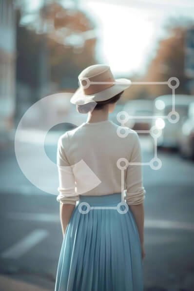 Intra Συλλεκτικό Ξύλινο Παζλ Plywood  4mm - Γυναίκα με κατάλευκο καπέλο και μπλε φούστα στην άκρη του δρόμου Σε Ξύλινο Κουτί - Διαστάσεις Puzzle: 10x10 cm – 25 κομμάτια