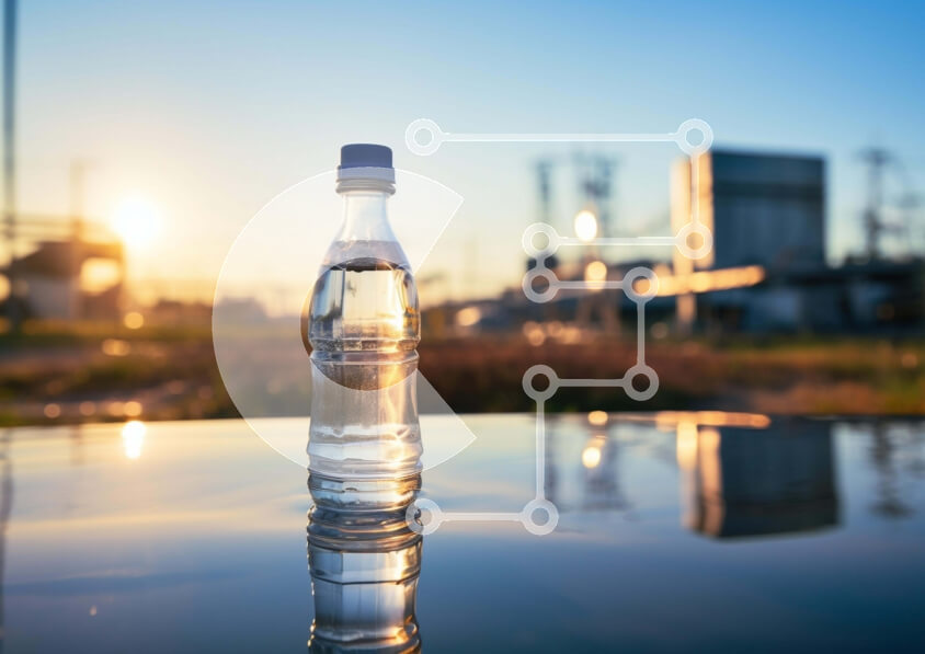 Intra Συλλεκτικό Ξύλινο Παζλ Plywood  4mm - Διαυγές μπουκάλι νερού σε βιομηχανική γυάλινη επιφάνεια στο ηλιοβασίλεμα Σε Ξύλινο Κουτί - Διαστάσεις: 10x10 cm – 25 κομμάτια