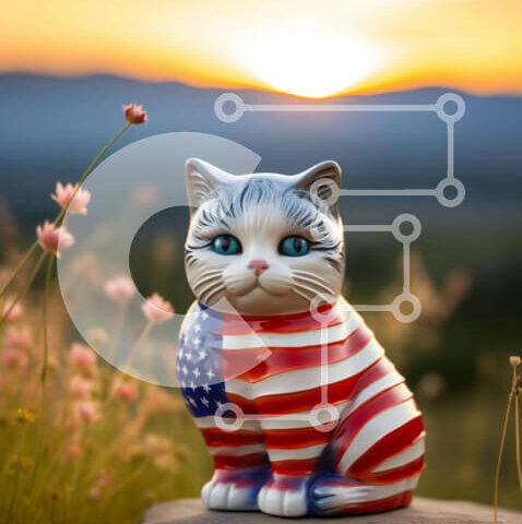 Intra Συλλεκτικό Ξύλινο Παζλ Plywood  4mm - Κεραμικό άγαλμα γάτας με σχέδιο αμερικανικής σημαίας Σε Ξύλινο Κουτί - Διαστάσεις: 10x10 cm – 25 κομμάτια - Image 1