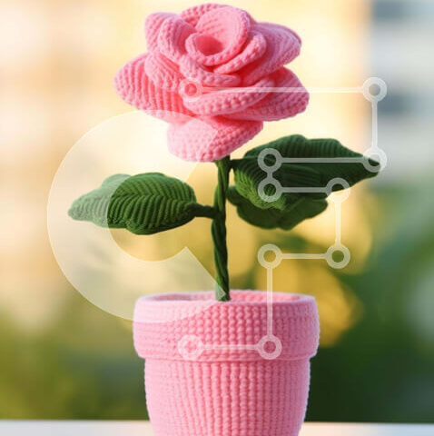 Intra Συλλεκτικό Ξύλινο Παζλ Plywood 4mm - Ροζ κροσέ γλάστρα σε αστικό περιβάλλον Σε Ξύλινο Κουτί - Διαστάσεις: 10x10 cm – 25 κομμάτια - Image 1