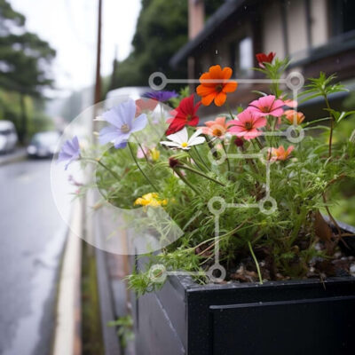 Intra Συλλεκτικό Ξύλινο Παζλ Plywood 4mm - Πολύχρωμος κήπος με λουλούδια σε μαύρο φυτευτή Σε Ξύλινο Κουτί - Διαστάσεις: 10x10 cm – 25 κομμάτια - Image 1