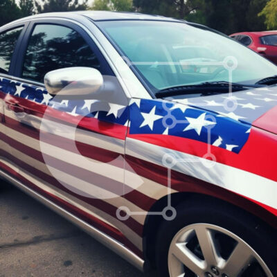 Intra Συλλεκτικό Ξύλινο Παζλ Plywood 4mm - Κόκκινο, λευκό και μπλε αυτοκίνητο με αμερικανική σημαία στο χώρο στάθμευσης Σε Ξύλινο Κουτί - Διαστάσεις Puzzle: 10x10 cm – 25 κομμάτια - Image 1