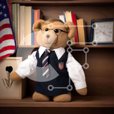 Intra Συλλεκτικό Ξύλινο Παζλ Plywood  4mm - Αρκουδάκι με σχολική στολή σε ράφια με αμερικανική σημαία Σε Ξύλινο Κουτί - Διαστάσεις Puzzle: 10x10 cm – 25 κομμάτια - Image 1