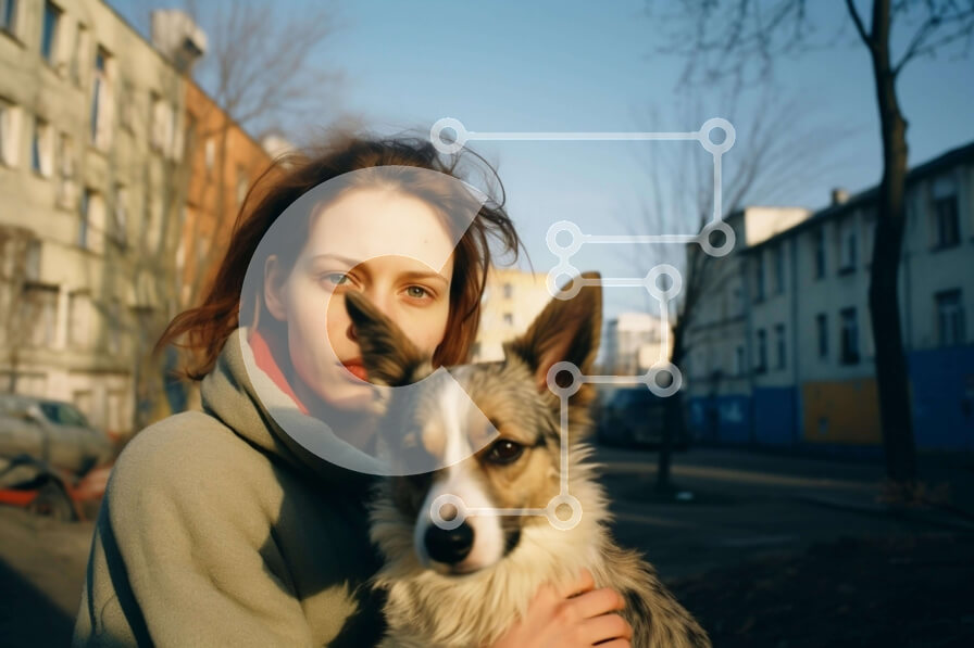 Intra Συλλεκτικό Ξύλινο Παζλ Plywood  4mm - Γυναίκα με σκύλο στην οδό της πόλης Σε Ξύλινο Κουτί - Διαστάσεις Puzzle: 10x10 cm – 25 κομμάτια