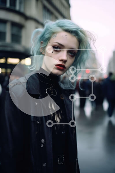 Intra Συλλεκτικό Ξύλινο Παζλ Plywood  4mm - Νεαρή γυναίκα με μπλε μαλλιά και μαύρο δερμάτινο μπουφάν σε αστική σκηνή Σε Ξύλινο Κουτί - Διαστάσεις Puzzle: 10x10 cm – 25 κομμάτια