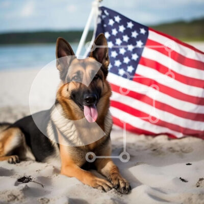 Intra Συλλεκτικό Ξύλινο Παζλ Plywood  4mm - Γερμανικός Ποιμενικός στην παραλία με την αμερικανική σημαία Σε Ξύλινο Κουτί - Διαστάσεις: 10x10 cm – 25 κομμάτια - Image 1