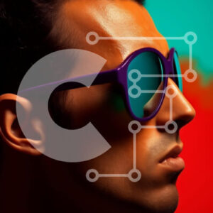 Intra Συλλεκτικό Ξύλινο Παζλ Plywood  4mm - Άνδρας με μωβ γυαλιά ηλίου σε πολύχρωμο φόντο Σε Ξύλινο Κουτί - Διαστάσεις Puzzle: 10x10 cm – 25 κομμάτια