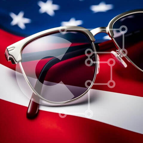 Intra Συλλεκτικό Ξύλινο Παζλ Plywood 4mm - Κομψά γυαλιά ηλίου σε φόντο αμερικανικής σημαίας Σε Ξύλινο Κουτί - Διαστάσεις Puzzle: 10x10 cm – 25 κομμάτια - Image 1