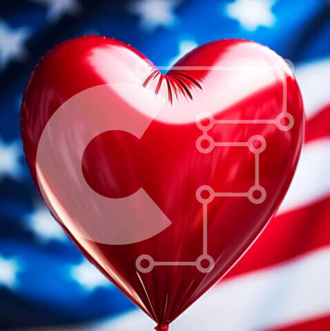 Intra Συλλεκτικό Ξύλινο Παζλ Plywood  4mm - Κόκκινο μπαλόνι σε σχήμα καρδιάς μπροστά από την αμερικανική σημαία Σε Ξύλινο Κουτί - Διαστάσεις Puzzle: 10x10 cm – 25 κομμάτια - Image 1