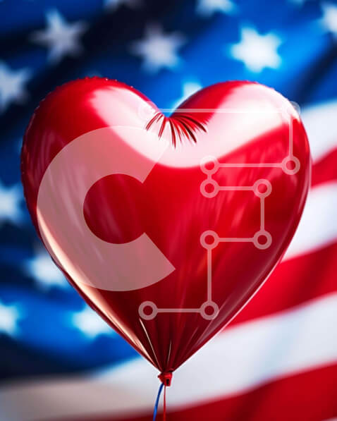 Intra Συλλεκτικό Ξύλινο Παζλ Plywood  4mm - Κόκκινο μπαλόνι σε σχήμα καρδιάς μπροστά από την αμερικανική σημαία Σε Ξύλινο Κουτί - Διαστάσεις Puzzle: 10x10 cm – 25 κομμάτια