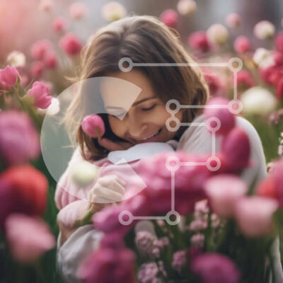 Intra Συλλεκτικό Ξύλινο Παζλ Plywood 4mm - Μητέρα και μωρό σε ένα χωράφι με ροζ τουλίπες Σε Ξύλινο Κουτί - Διαστάσεις Puzzle: 10x10 cm – 25 κομμάτια - Image 1