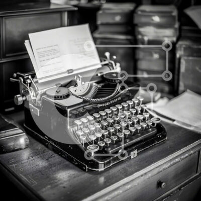 Intra Συλλεκτικό Ξύλινο Παζλ Plywood  4mm - Vintage γραφομηχανή στο γραφείο με βιβλία και χαρτιά Σε Ξύλινο Κουτί - Διαστάσεις: 10x10 cm – 25 κομμάτια - Image 1