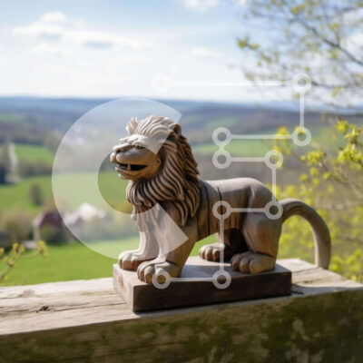 Intra Συλλεκτικό Ξύλινο Παζλ Plywood 4mm - Ξύλινο άγαλμα λιονταριών μπροστά από το πράσινο πεδίο Σε Ξύλινο Κουτί - Διαστάσεις: 10x10 cm – 25 κομμάτια - Image 1