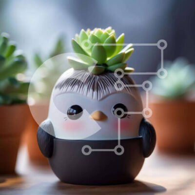 Intra Συλλεκτικό Ξύλινο Παζλ Plywood  4mm - Ασπρόμαυρη ζαρντινιέρα σε σχήμα πιγκουίνου με παχύφυτα Σε Ξύλινο Κουτί - Διαστάσεις: 10x10 cm – 25 κομμάτια - Image 1