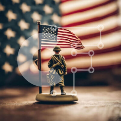 Intra Συλλεκτικό Ξύλινο Παζλ Plywood  4mm - Στρατιώτης παιχνιδιών και αμερικανική σημαία Σε Ξύλινο Κουτί - Διαστάσεις Puzzle: 10x10 cm – 25 κομμάτια - Image 1