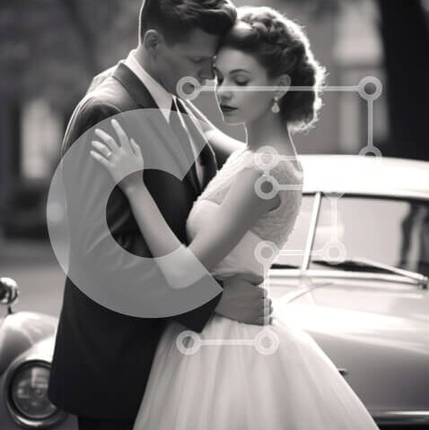 Intra Συλλεκτικό Ξύλινο Παζλ Plywood 4mm - Νεόνυμφο ζευγάρι αγκαλιάζεται μπροστά από vintage αυτοκίνητο Σε Ξύλινο Κουτί - Διαστάσεις: 10x10 cm – 25 κομμάτια - Image 1