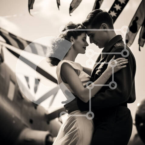 Intra Συλλεκτικό Ξύλινο Παζλ Plywood 4mm - Νεόνυμφο ζευγάρι αγκαλιάζεται μπροστά από ένα αεροπλάνο με σημαίες στο φόντο Σε Ξύλινο Κουτί - Διαστάσεις Puzzle: 10x10 cm – 25 κομμάτια - Image 1