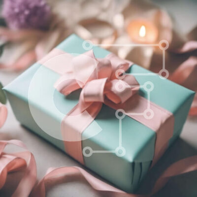 Intra Συλλεκτικό Ξύλινο Παζλ Plywood  4mm - Τυρκουάζ Κουτί δώρου με ροζ κορδέλες και λουλούδια Σε Ξύλινο Κουτί - Διαστάσεις Puzzle: 10x10 cm – 25 κομμάτια - Image 1