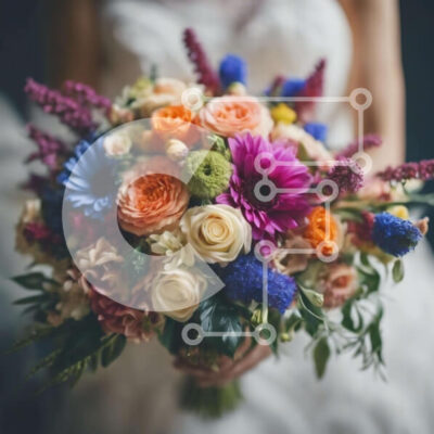 Intra Συλλεκτικό Ξύλινο Παζλ Plywood 4mm - Νύφη που κρατά πολύχρωμη ανθοδέσμη την ημέρα του γάμου Σε Ξύλινο Κουτί - Διαστάσεις Puzzle: 10x10 cm – 25 κομμάτια - Image 1