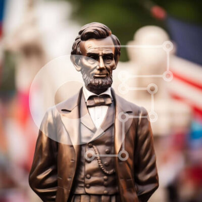 Intra Συλλεκτικό Ξύλινο Παζλ Plywood 4mm - Χάλκινο άγαλμα του Αβραάμ Λίνκολν μπροστά από την αμερικανική σημαία Σε Ξύλινο Κουτί - Διαστάσεις Puzzle: 10x10 cm – 25 κομμάτια - Image 1