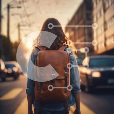 Intra Συλλεκτικό Ξύλινο Παζλ Plywood  4mm - Γυναίκα με καφέ δερμάτινο σακίδιο πλάτης που περπατά στην πόλη Σε Ξύλινο Κουτί - Διαστάσεις Puzzle: 10x10 cm – 25 κομμάτια - Image 1