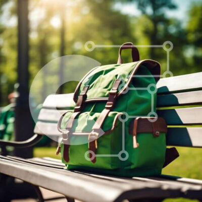 Intra Συλλεκτικό Ξύλινο Παζλ Plywood 4mm - Πράσινο σακίδιο πλάτης που στηρίζεται στον πάγκο στο πάρκο Σε Ξύλινο Κουτί - Διαστάσεις Puzzle: 10x10 cm – 25 κομμάτια - Image 1