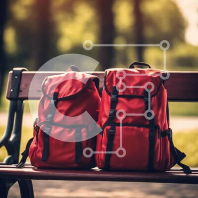 Intra Συλλεκτικό Ξύλινο Παζλ Plywood  4mm - Δύο κόκκινα σακίδια πλάτης σε έναν ξύλινο πάγκο στο πάρκο Σε Ξύλινο Κουτί - Διαστάσεις Puzzle: 10x10 cm – 25 κομμάτια - Image 1