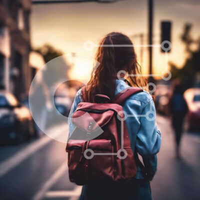 Intra Συλλεκτικό Ξύλινο Παζλ Plywood  4mm - Νεαρή γυναίκα που περπατά στο δρόμο στο ηλιοβασίλεμα με σακίδιο Σε Ξύλινο Κουτί - Διαστάσεις Puzzle: 10x10 cm – 25 κομμάτια - Image 1