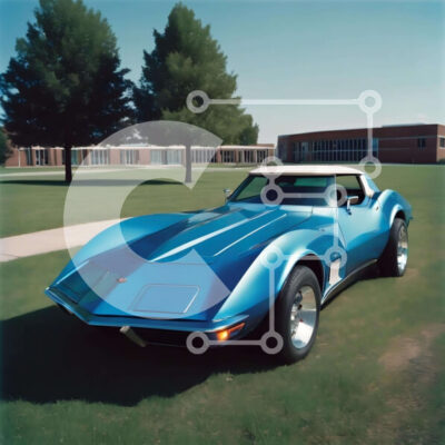 Intra Συλλεκτικό Ξύλινο Παζλ Plywood  4mm - Μπλε σπορ αυτοκίνητο σταθμευμένο σε χορταριασμένο χωράφι με δέντρα και κτίρια Σε Ξύλινο Κουτί - Διαστάσεις Puzzle: 10x10 cm – 25 κομμάτια - Image 1