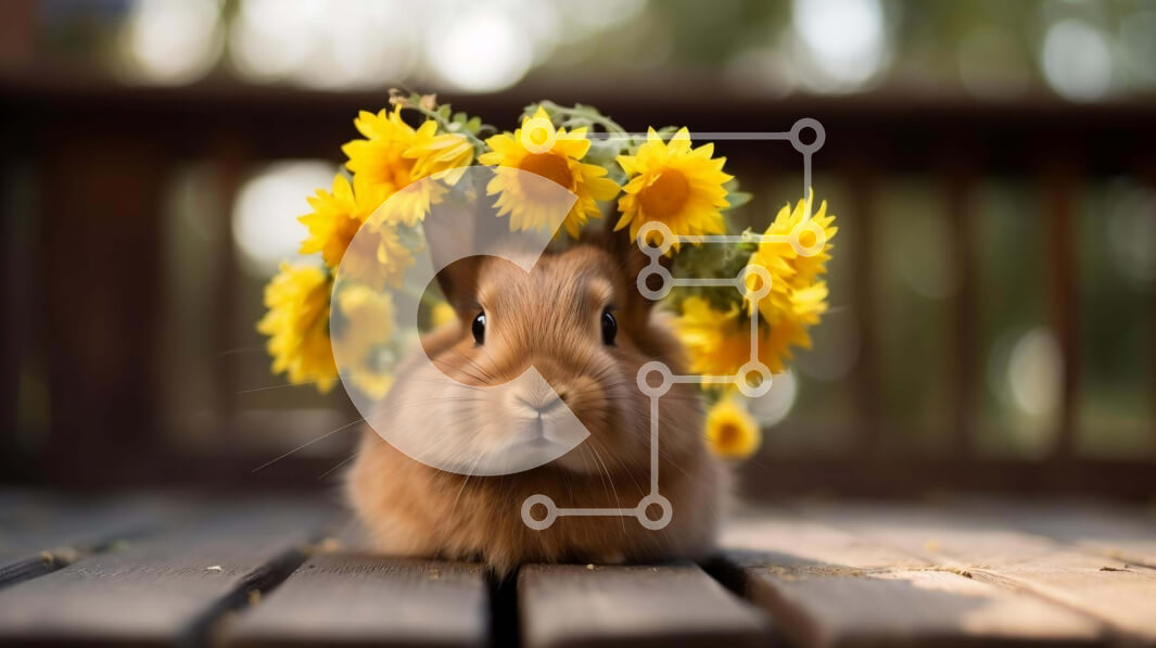 Intra Συλλεκτικό Ξύλινο Παζλ Plywood  4mm - Χαριτωμένο λαγουδάκι με ηλιοτρόπια που κάθεται στο ξύλινο κατάστρωμα Σε Ξύλινο Κουτί - Διαστάσεις: 10x10 cm – 25 κομμάτια