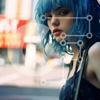 Intra Συλλεκτικό Ξύλινο Παζλ Plywood  4mm - Νεαρή γυναίκα με μπλε μαλλιά σε αστικό περιβάλλον Σε Ξύλινο Κουτί - Διαστάσεις Puzzle: 10x10 cm – 25 κομμάτια - Image 1