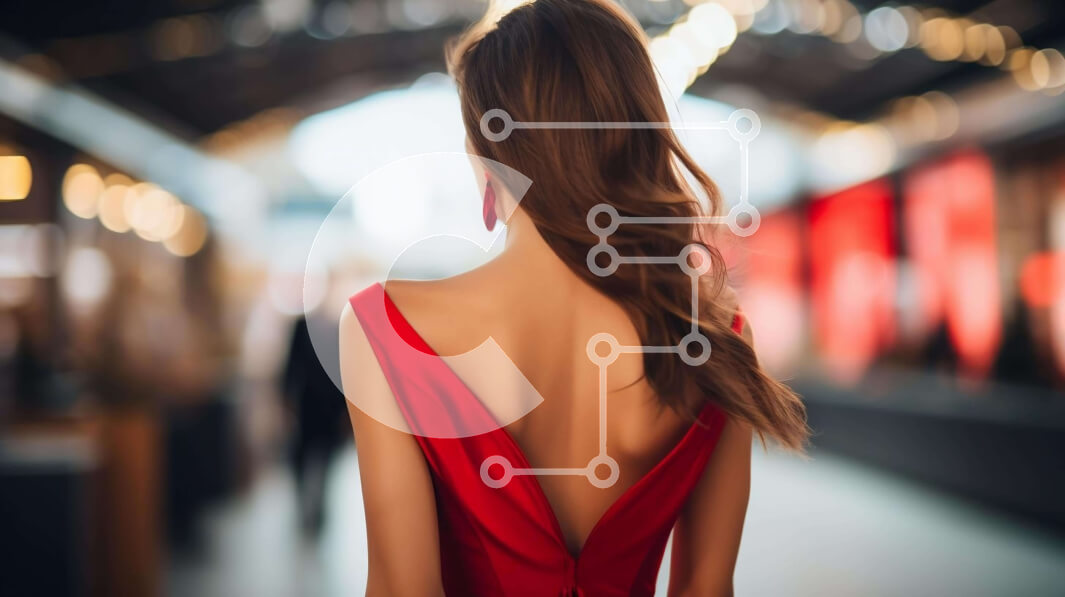 Intra Συλλεκτικό Ξύλινο Παζλ Plywood  4mm - Κομψή γυναίκα με κόκκινο φόρεμα στο πολυσύχναστο εμπορικό κέντρο Σε Ξύλινο Κουτί - Διαστάσεις Puzzle: 10x10 cm – 25 κομμάτια