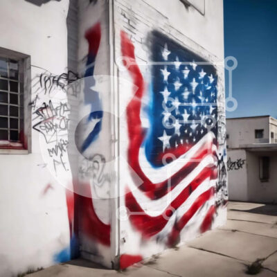 Intra Συλλεκτικό Ξύλινο Παζλ Plywood 4mm - Τοιχογραφία αμερικανικής σημαίας στο κτίριο με γκράφιτι Σε Ξύλινο Κουτί - Διαστάσεις Puzzle: 10x10 cm – 25 κομμάτια - Image 1