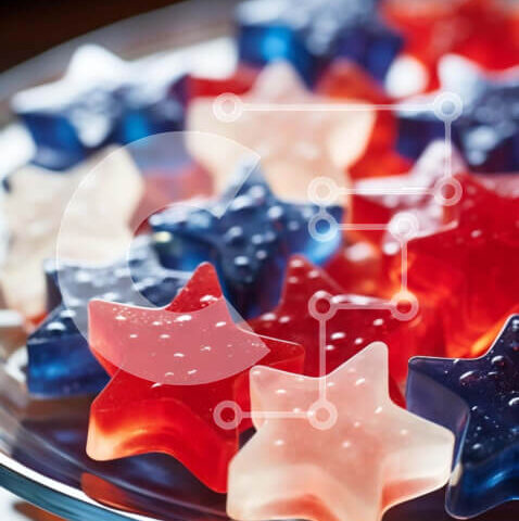 Intra Συλλεκτικό Ξύλινο Παζλ Plywood  4mm - 4 Ιουλίου Κόκκινα, λευκά και μπλε Gummy Bears και επιδόρπια που μοιάζουν με ζελέ Σε Ξύλινο Κουτί - Διαστάσεις: 10x10 cm – 25 κομμάτια - Image 1