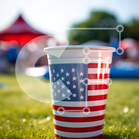 Intra Συλλεκτικό Ξύλινο Παζλ Plywood  4mm - Χάρτινο κύπελλο αμερικανικής σημαίας στο γρασίδι με σκηνές και ανθρώπους Σε Ξύλινο Κουτί - Διαστάσεις: 10x10 cm – 25 κομμάτια - Image 1