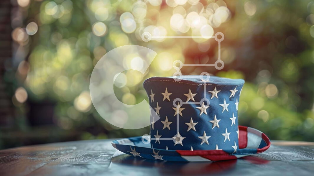 Intra Συλλεκτικό Ξύλινο Παζλ Plywood  4mm - Καπέλο με αμερικανική σημαία σε ξύλινο τραπέζι Σε Ξύλινο Κουτί - Διαστάσεις Puzzle: 10x10 cm – 25 κομμάτια