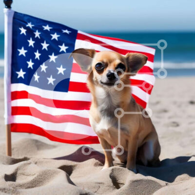 Intra Συλλεκτικό Ξύλινο Παζλ Plywood  4mm - Ευτυχισμένος σκύλος στην παραλία με αμερικανική σημαία Σε Ξύλινο Κουτί - Διαστάσεις: 10x10 cm – 25 κομμάτια - Image 1