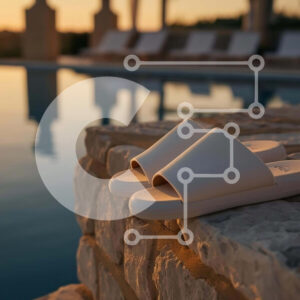 Intra Συλλεκτικό Ξύλινο Παζλ Plywood  4mm - Λευκές παντόφλες δίπλα στην εξωτερική πισίνα στο ηλιοβασίλεμα Σε Ξύλινο Κουτί - Διαστάσεις Puzzle: 10x10 cm – 25 κομμάτια